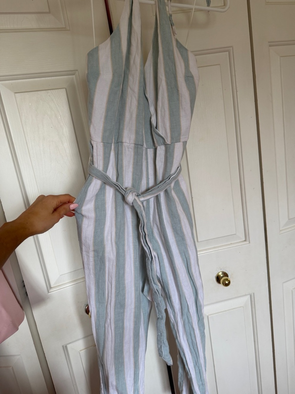 Abercrombie & Fitch White and Sage Striped Halter Jumpsuit